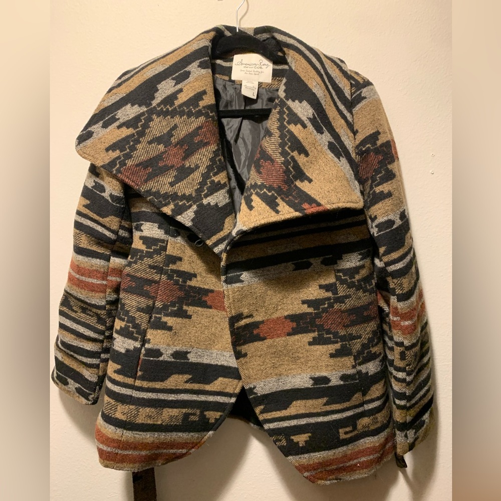 Brown neutrals Aztec print cropped pea coat waist tie fold over collar